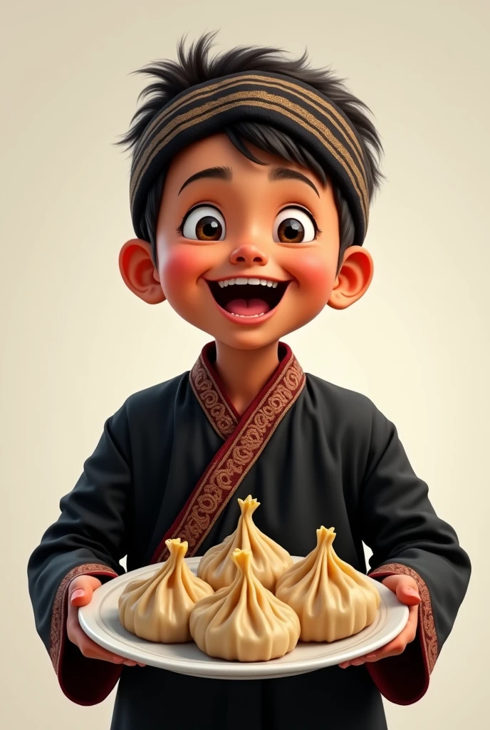 (photorealism:1.2), nepali excited vector boy with in newari black dress and nepali dhaka topi with take a local typical momos plate