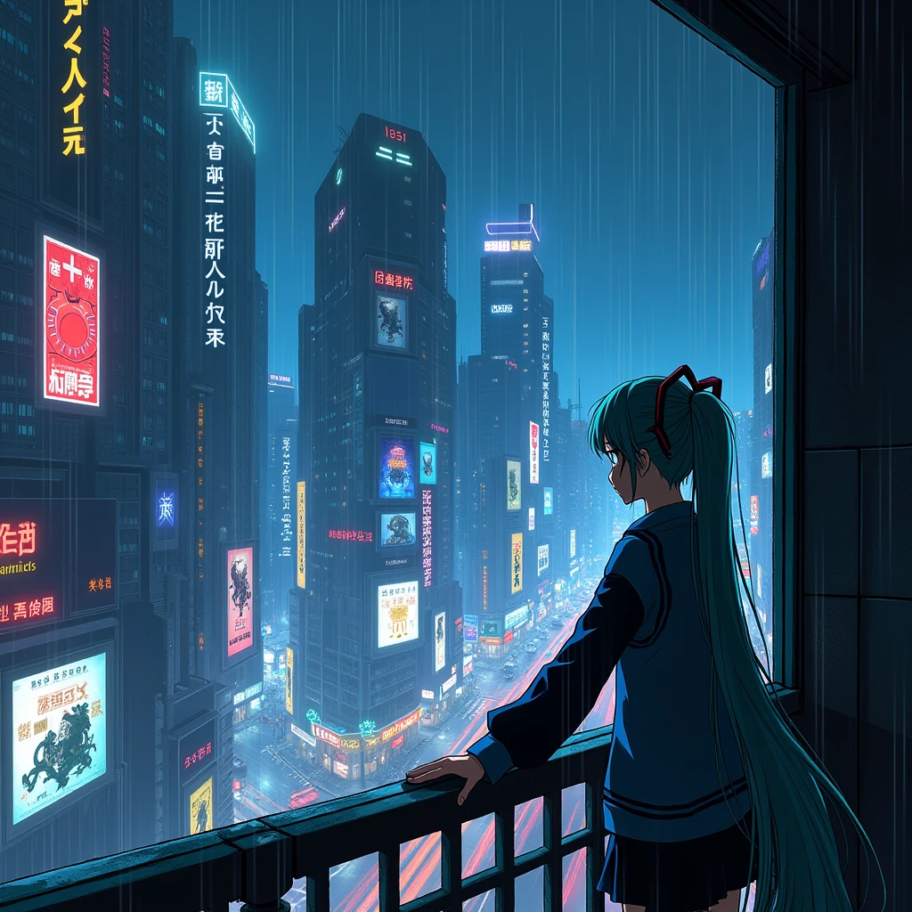 Cyberpunk city anime 2d girl Hatsune miku in balcony looking from window with hand on the window. Night time neon light mode, raining 