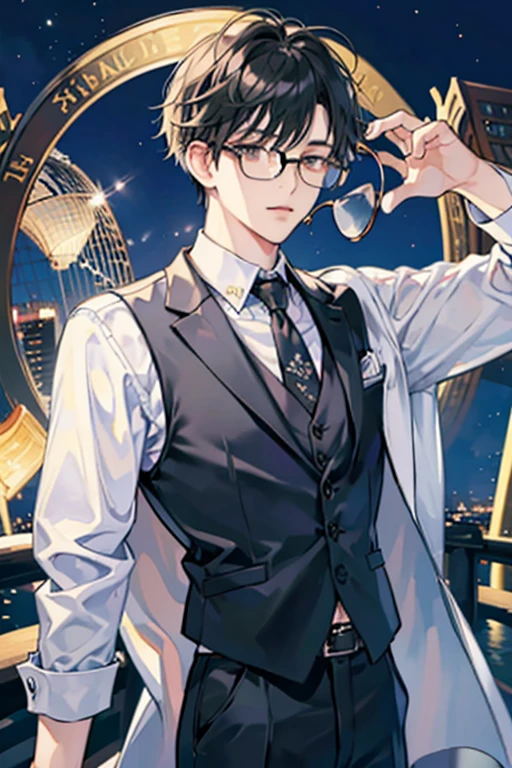 Center Part、Man、Boston-shaped glasses、Black Hair、The background is a night city、Please put on a suit with a vest. I want my bangs to be parted a little more.、Long