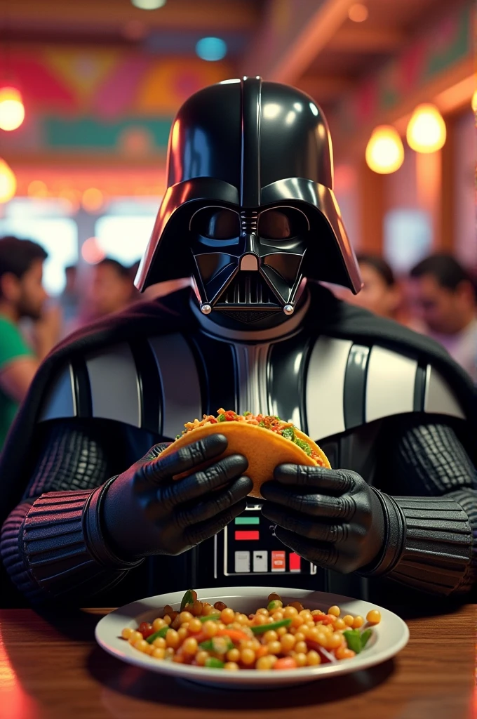 Draw Dark Vader eating at a taco vell