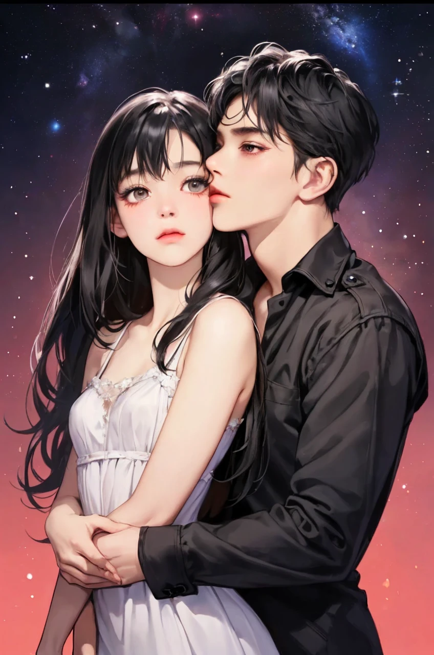 hyperrealistic. black hair girl. fantasy. Stars and nebulae