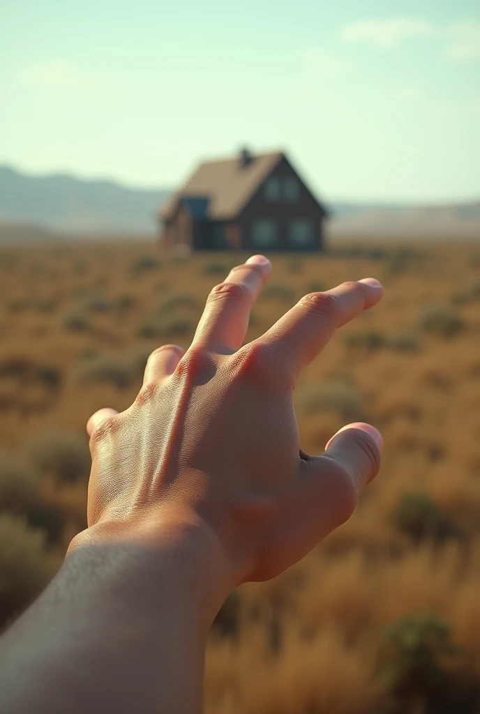(photorealism:1.2), 2.	hand pointing at a house from afar
