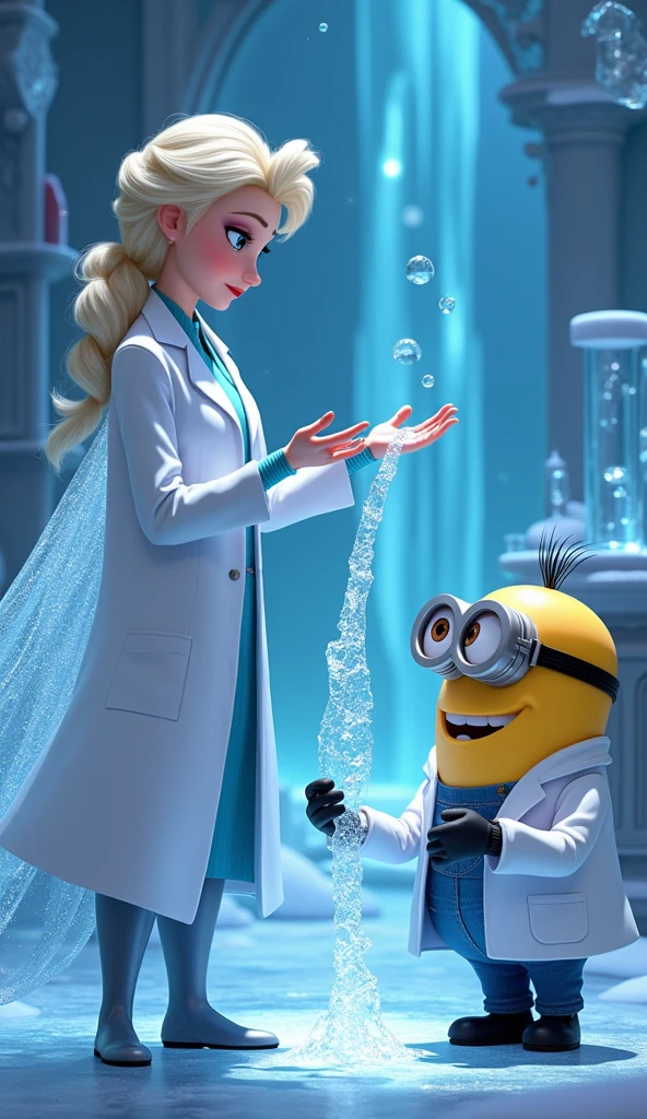 Elsa and Minion in scientist outfits.standing in a glittering laboratory, with scientific instruments and equipment made from ice. Elsa is showing off her ice powers, create delicate shapes, while Dr. Minion watched intently with an amused look on his face..