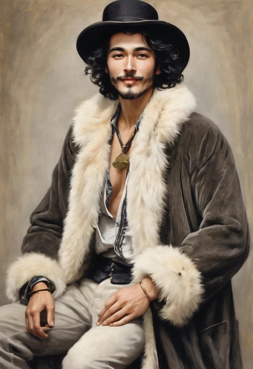 (good quality), (many details), (masterpiece), A man with hat and cigarette (20 years old), open coat with fur collar, bare chest (hairy), hat( gray with white band), wavy shoulder-length black hair, coin playfully between fingers, trickster, gypsy, small beard, full body image, mischievous laugh, oval face