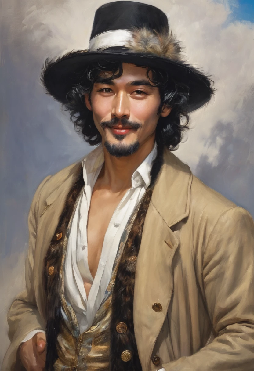 (good quality), (many details), (masterpiece), A man with hat and cigarette (20 years old), open coat with fur collar, bare chest (hairy), hat( gray with white band), wavy shoulder-length black hair, coin playfully between fingers, trickster, gypsy, small beard, full body image, mischievous laugh, oval face