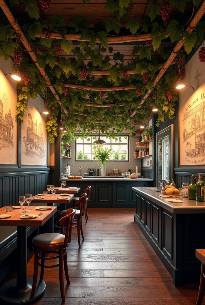 a vintage Italian type restaurant, with vines on the ceiling with some grapes hanging, on the back wall wooden sticks, attached to the back wall, a kitchen and a refrigerator, On the right side, attached to the wall, a metal table for cooking, In the middle of the room an island to display food, on the side walls it will be black and with. Plaster drawings alluding to Italy.