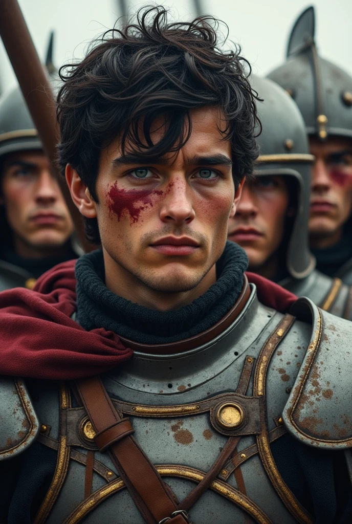 Short Italian soldiers, 27 years old, medium black hair, gray eyes, a slap
eye covering his left eye, wearing robust medieval armor.