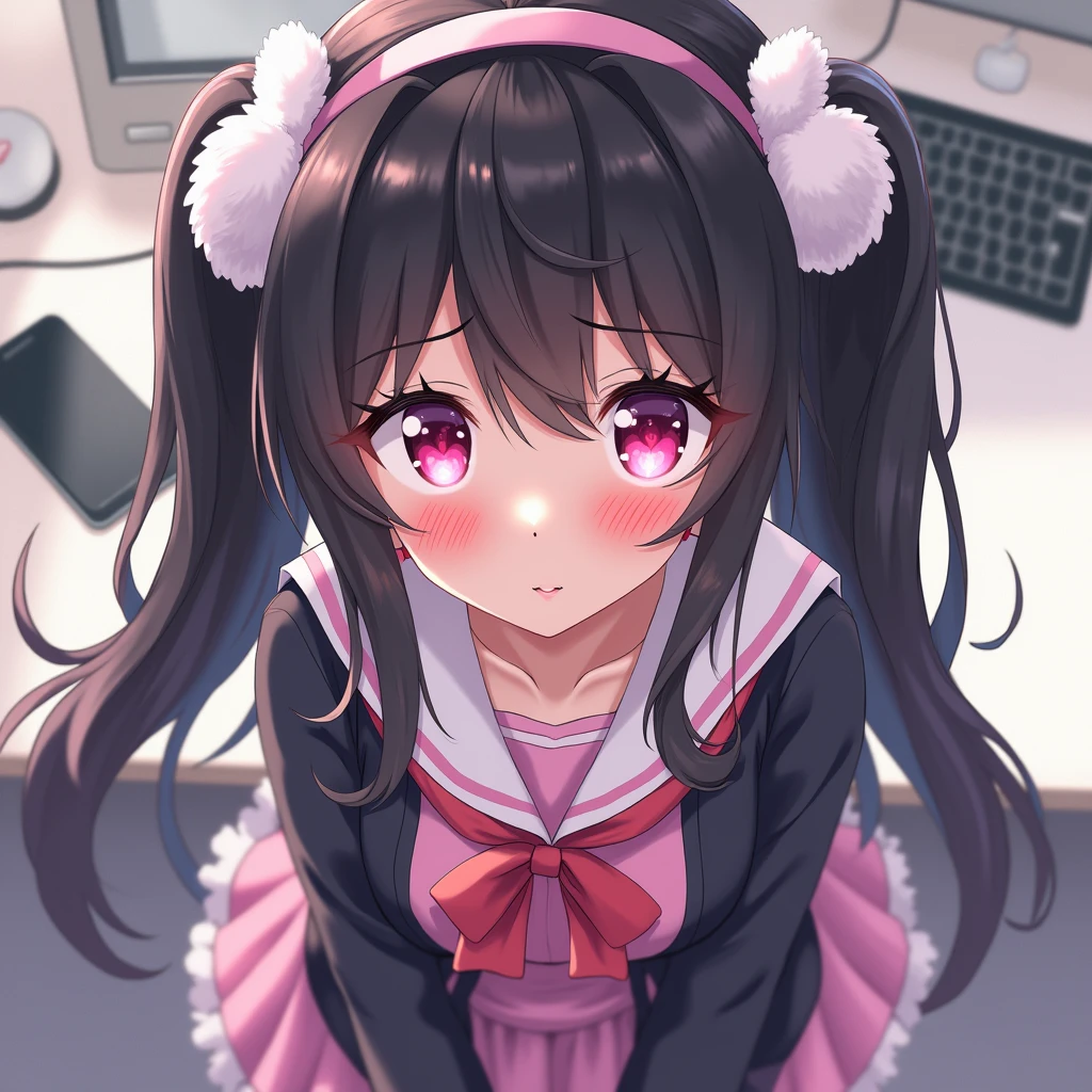 One person, Black Hair,Pink inner color,Long Hair, bangs,Half pigtails Close your mouth, Pink eyes, Droopy eyes,Take a closer look, Hearts in eyes, ribbon, Headband, White fluffy hair accessories,anime, anime風, skirt,Pale skin,Frills,Mine system,smartphone,Looking down,Pink Sailor Suit,Dark cardigan,Drooping eyes,Confused eyes,Worried brow,Yandere,background computer,smartphone,delivery