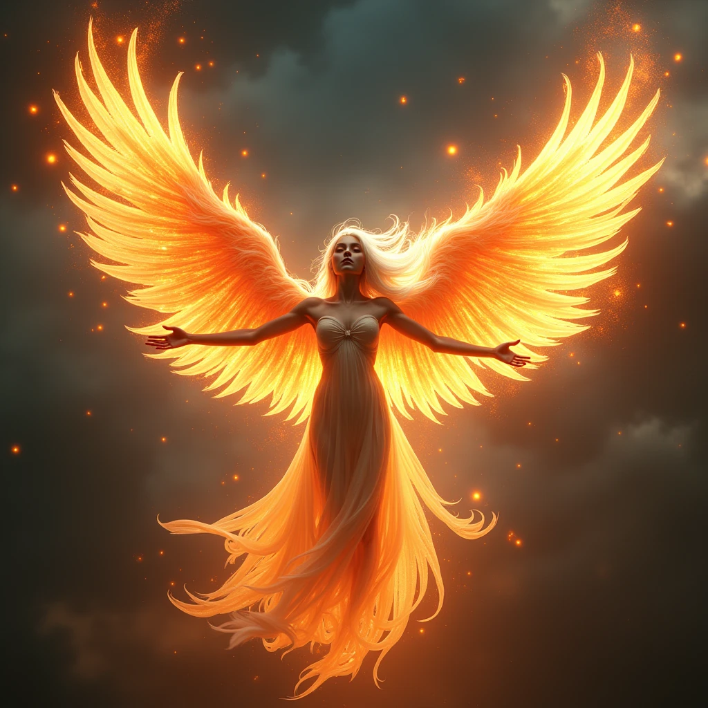 A girl with long white hair,She will be flying in the sky, she will be a phoenix and a strong light will come out of her,I want the dark sky,I want the image with an air of rebirth like the phoenix,I want her to be beautiful with a model's face