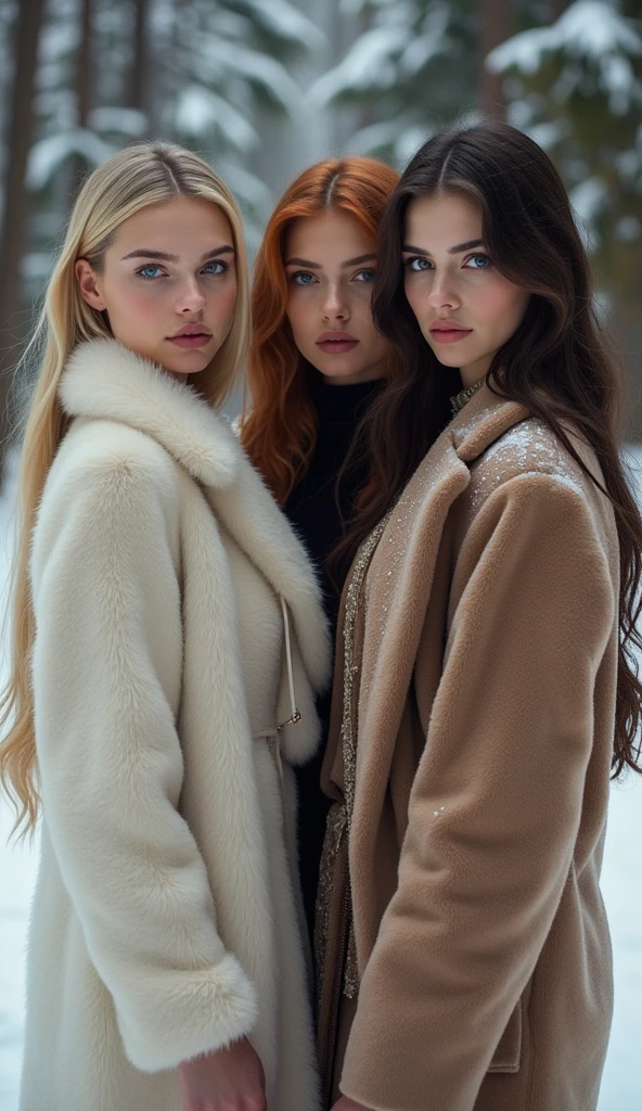 Russian models posing elegantly for a high-fashion photoshoot, each showcasing distinct features typical of Slavic beauty. They have light skin, high cheekbones, and piercing blue eyes. The first model has long, straight platinum blonde hair, the second has wavy auburn hair, and the third has dark, sleek hair. All are dressed in luxurious, sophisticated winter outfits with rich textures like fur and velvet, set against a snowy, forested backdrop. The lighting is soft yet clear, highlighting their graceful postures and refined features. The overall mood is serene and majestic, capturing the essence of Russian elegance and beauty." This prompt should give you a realistic and visually stunning image of Russian models.