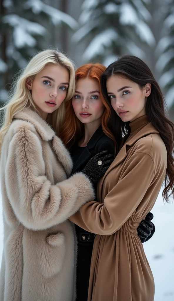Russian models posing elegantly for a high-fashion photoshoot, each showcasing distinct features typical of Slavic beauty. They have light skin, high cheekbones, and piercing blue eyes. The first model has long, straight platinum blonde hair, the second has wavy auburn hair, and the third has dark, sleek hair. All are dressed in luxurious, sophisticated winter outfits with rich textures like fur and velvet, set against a snowy, forested backdrop. The lighting is soft yet clear, highlighting their graceful postures and refined features. The overall mood is serene and majestic, capturing the essence of Russian elegance and beauty." This prompt should give you a realistic and visually stunning image of Russian models.