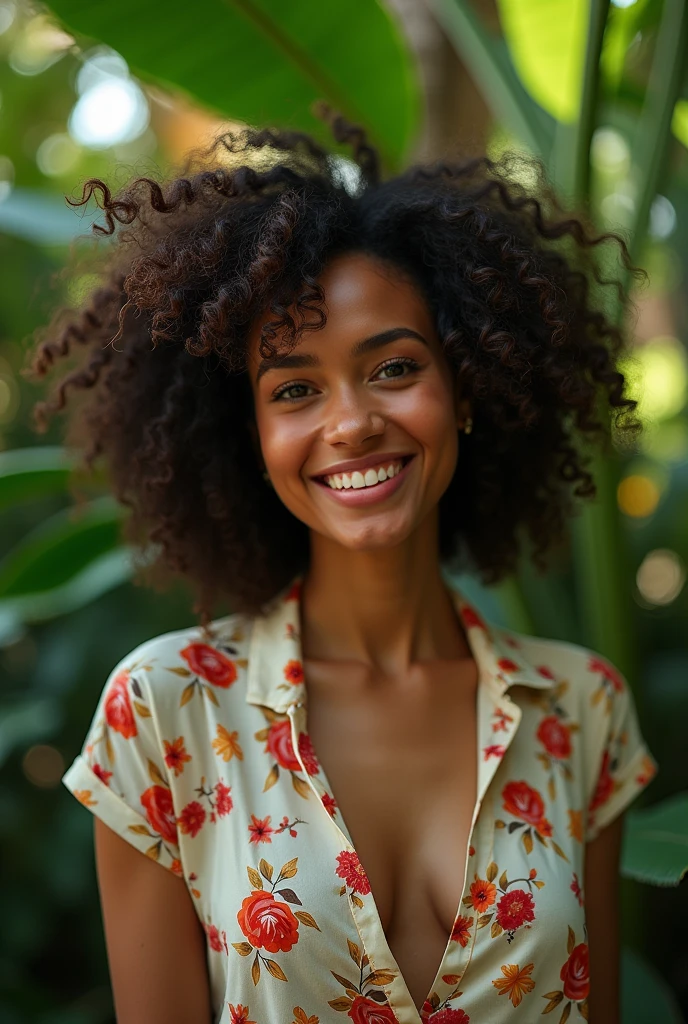 A Brazilian woman in a lush tropical garden, wearing an open shirt with a floral print, with a close-up capturing the harmonious beauty between her breasts and the natural flowers, showing off your natural charm and outgoing personality.