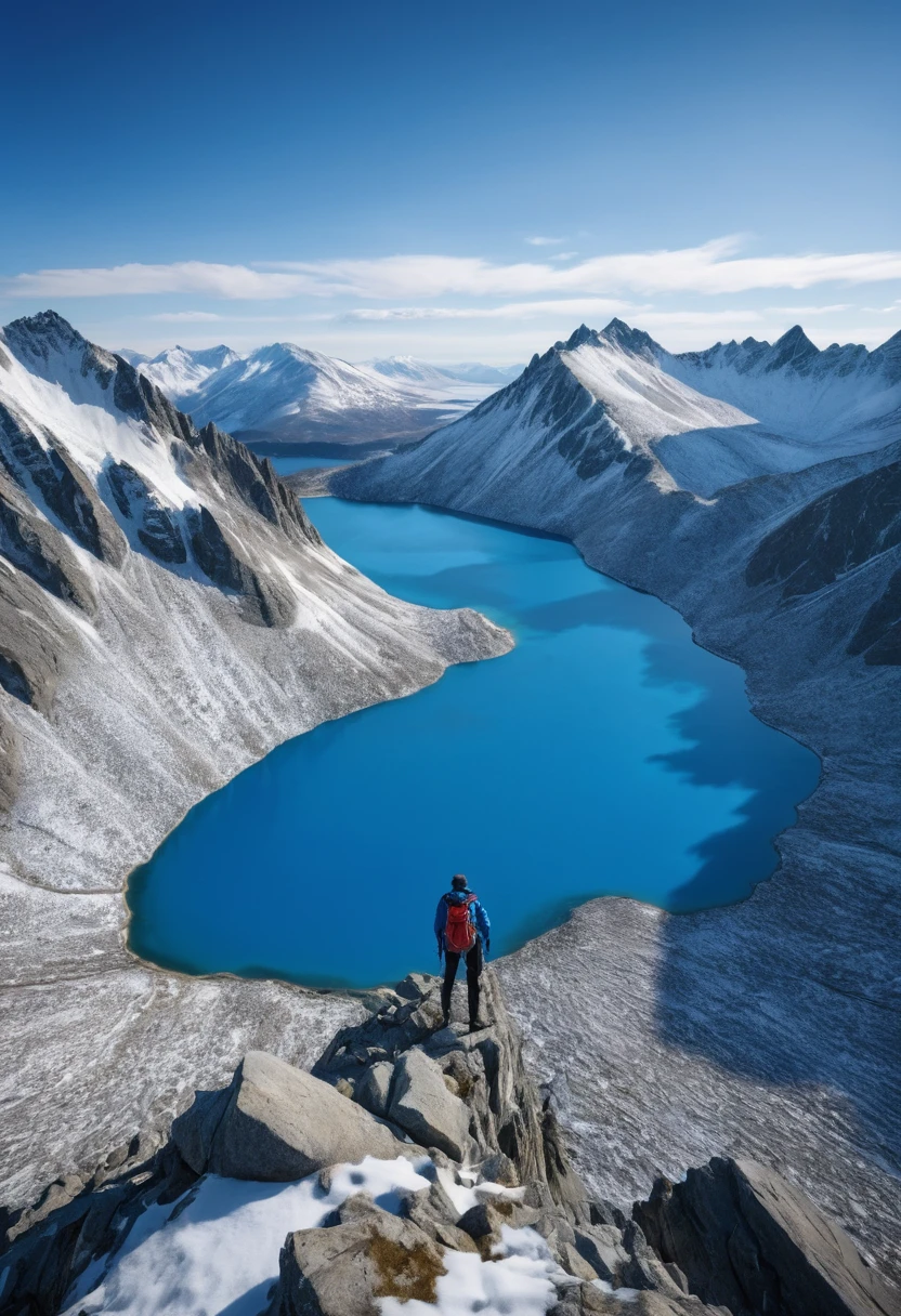 The image is a landscape photograph of a mountain range with a blue lake in the foreground. The mountains are covered in snow and ice, and the sky is visible in the background. In the center of the image, there is a person standing on the edge of a cliff, looking out at the view. The person is wearing a backpack and appears to be taking in the breathtaking scenery. The lake is a deep blue color and is surrounded by rocky cliffs. The image is taken from a high vantage point, giving a bird's eye view of the landscape.4k realistic