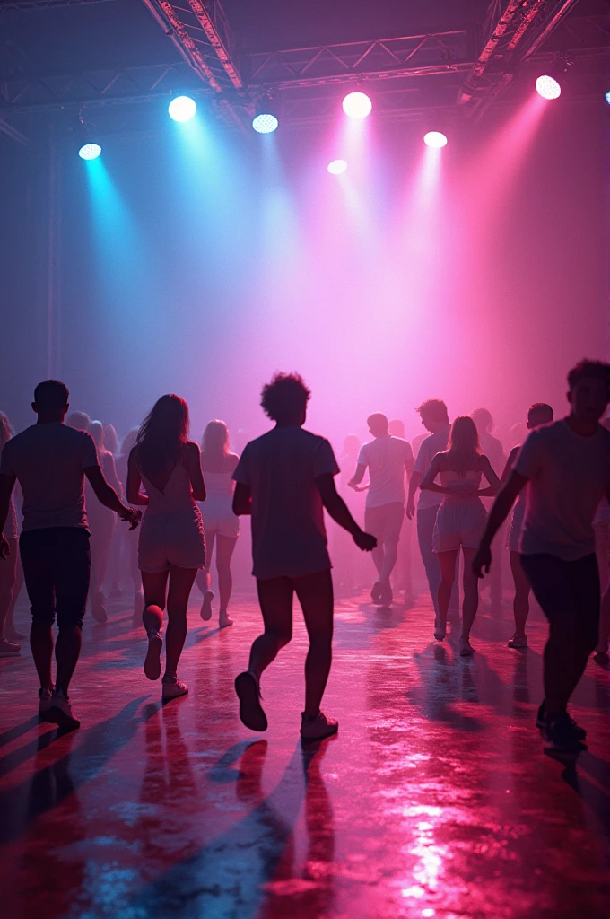 A dancing floor people dancing in it and lights are coming out from top to them
