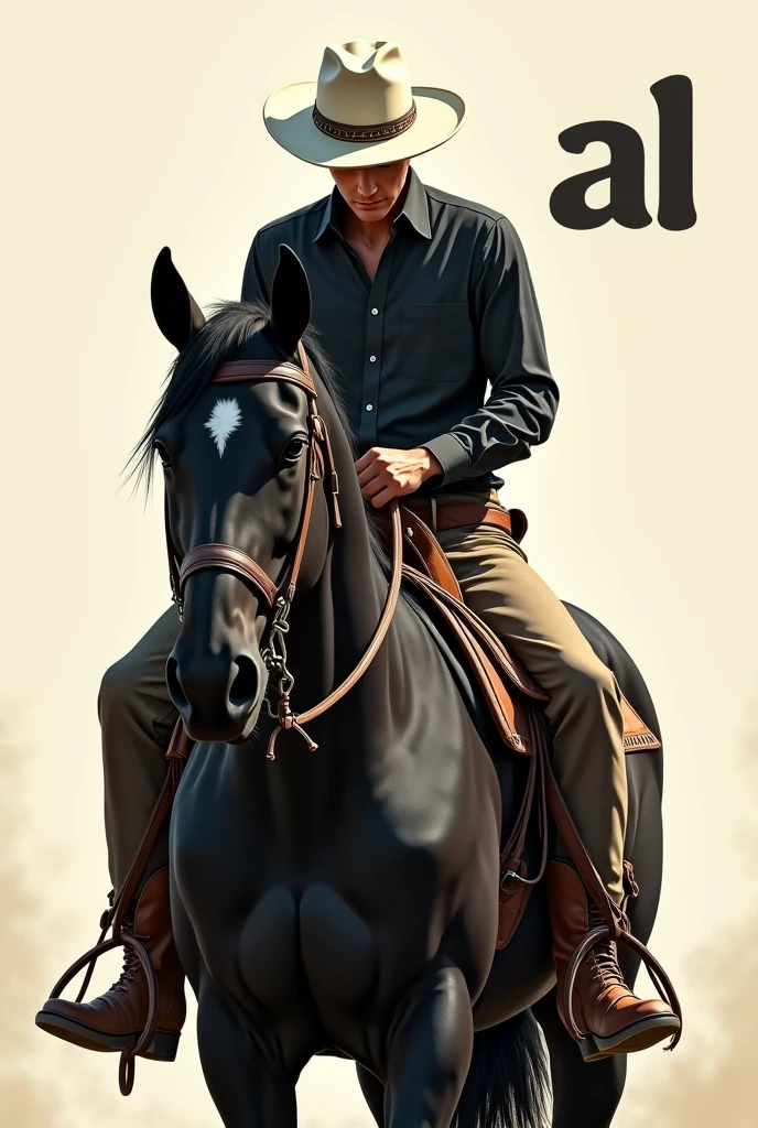 create an illustration of a 20 year old cowboy, no beard on the face, com bota country e camisa preta, with a white hat and head down, riding a black quarter horse, stark, with the letters "al" No canto superior direito. make a realistic image with a face similar to mine
