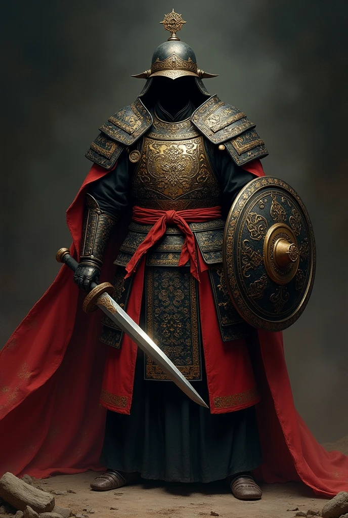 In the dark environment, a fierce Mongolian warrior stands ready for battle, face obscured by his helmet, as if embodying the spirit of death and fear. Soft side lighting casts a subtle glow on the black red and gold armor, accentuating the intricacies of the blackened design. The warrior's elegant Mongolian armor shines with a metallic sheen, complemented by the round shield and shining sword held at the ready. The masterful painting style, reminiscent of Anders Zorn and Aleksi Briclot, transports the viewer to a realm of realism and intimidation, as if gazing upon a highly detailed oil on canvas masterpiece.