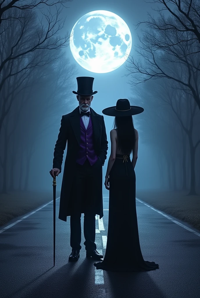 A crossroads at night with a full moon. In the middle of the crossroads a 50 year old man,90 kg, white skin and medium height with a short white beard, wearing a black and purple suit, a top hat on his head and a cane in his left hand. next to a tall, thin woman with white skin and long, straight black hair, wearing a long black dress and hat