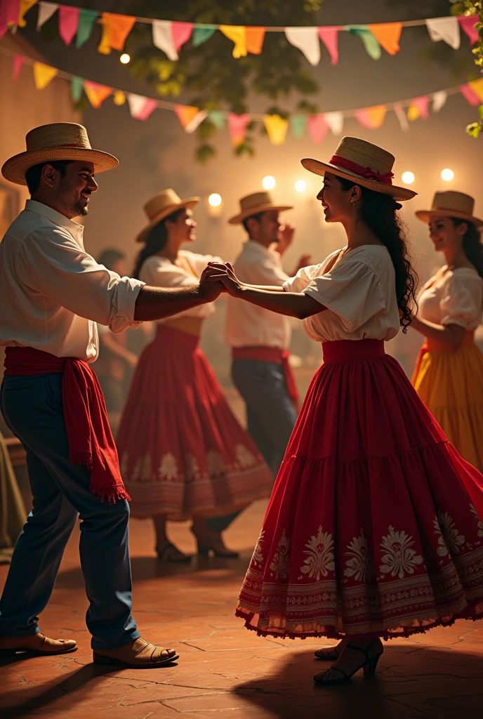 This scene shows a vibrant traditional dance in the Venegas family home.. The room is decorated with colorful pennants and oil lamps that softly illuminate the environment.. men and women, dressed in traditional Costa Rican costumes in the 19th century, fill the dance floor. The men wear straw hats and plain blue pants with a red wad of cloth that falls long on the left side of the waist and with leather sandals. They don't wear shoes, just sandals. , While women wear long, colorful dresses, white on top and colors more representative of Costa Rican culture below., with ribbons in the hair, Don't put hats on her, just ribbons in her hair.. music, played by a string ensemble in a corner, fills the air with festive melodies. There is laughter, Lively conversations, and a general feeling of community and celebration