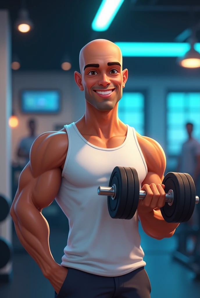 logo coach Lucio Pixar-style cartoon logo promoting logo Coach Lucio an 18-year-old bald brown skin color man smooth brown skin, and a bright, confident smile, wearing a crisp white tank top, holding a pair of dumbbells, gym background with subtle neon blue accents, evoking a sense of energy, strength, and motivation, arms and toned physique prominently showcased, holding dumbbells