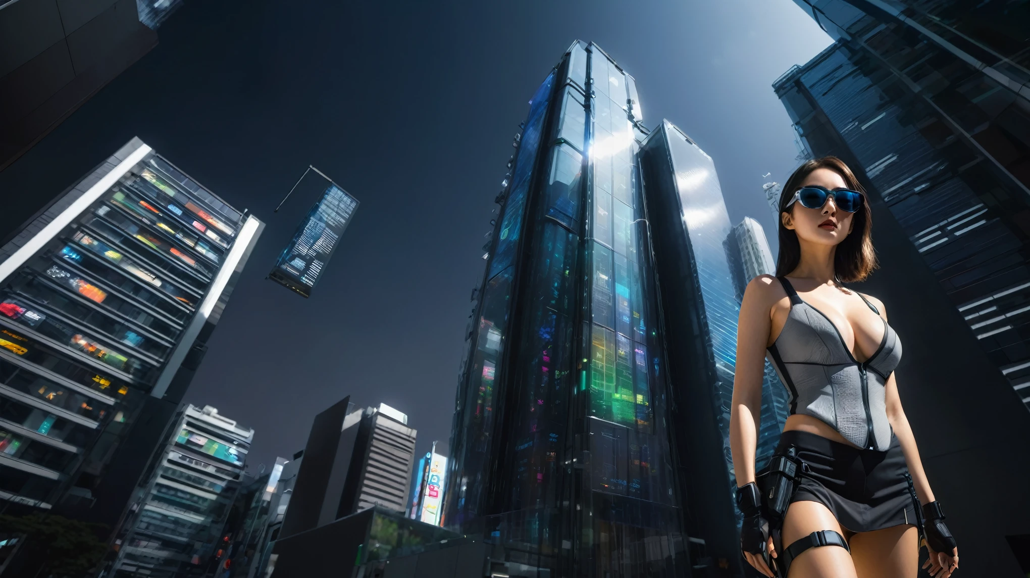 (Low angle view). A futuristic sci-fi all-glass Tokyo city, tall neon buildings, transparent elevator, 1 drone. High-resolution OLED GUI interfaces in the building, The windows are filled with transparent data visualization infographics that show it all, from weather patterns to traffic flow, Matrix cascading code. Colors are saturated and vibrant. At night, (1girl, solo), photo realistic, medium-breast:1.3 slim body, cleavage, sexy costume, miniskirt, (matrix style black sunglasses, holding a short gun), half-body thigh level medium shot, cinematic lighting, ray tracing.