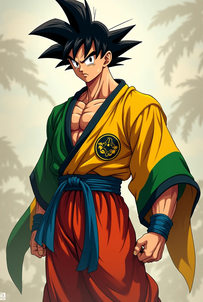 Goku with Kimono with Jamaican colors, with Christian symbol of fish, On the left side, On the chest.