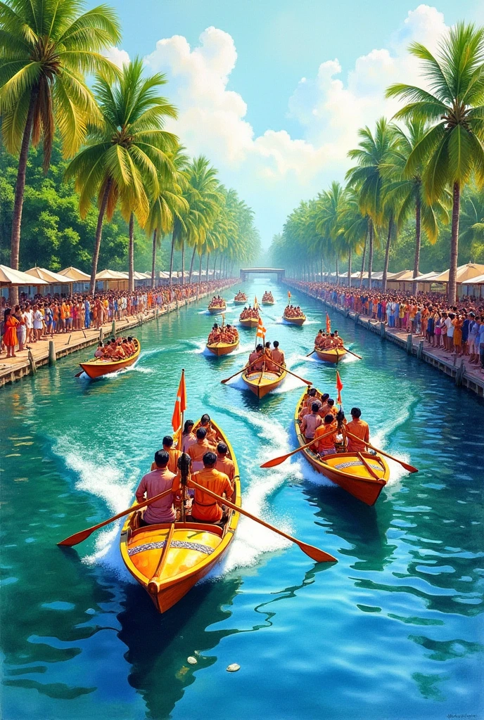 Water colour painting, boatrace in alappuza