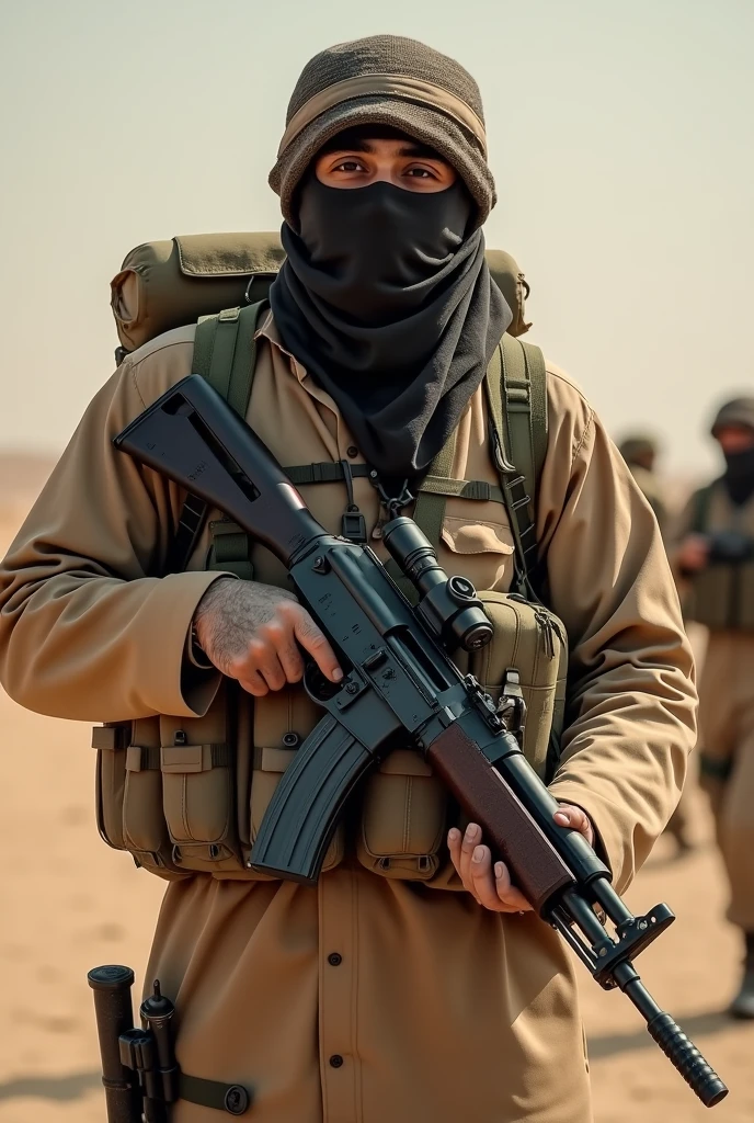 Generate a stereotypical image of an Arab man who is dressed in terrorist clothes holding an AK47 and wearing explosives