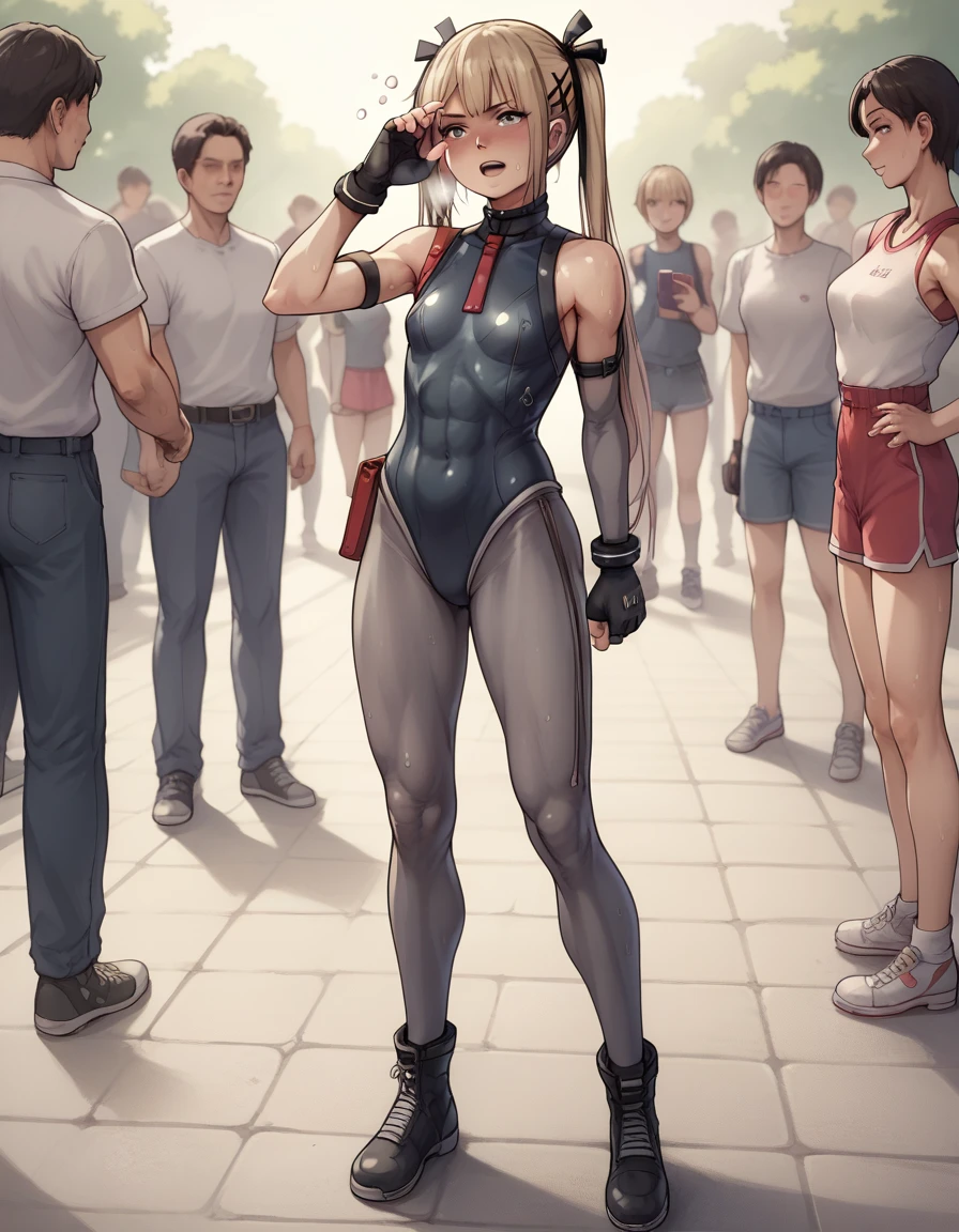 Marie Rose, A bodysuit worn under clothing, Fingerless gloves, leotard, Removable sleeves、Photographed with a smartphone、、、Escape to, score_9, score_8_superior, score_7_superior, score_6_superior, score_5_superior, score_4_superior、Inspired by Japanese manga style, Manga style, How to draw manga, Digital drawing, An 8K masterpiece depicting a Japanese manga about girls in their twenties, Act as a slave,, . , shortness of breath, , close your eyes, , Sweaty. . My open fingers are rough. whole body. . Six Pack Abs. . information. Surrounded by a crowd.full body、drunk、