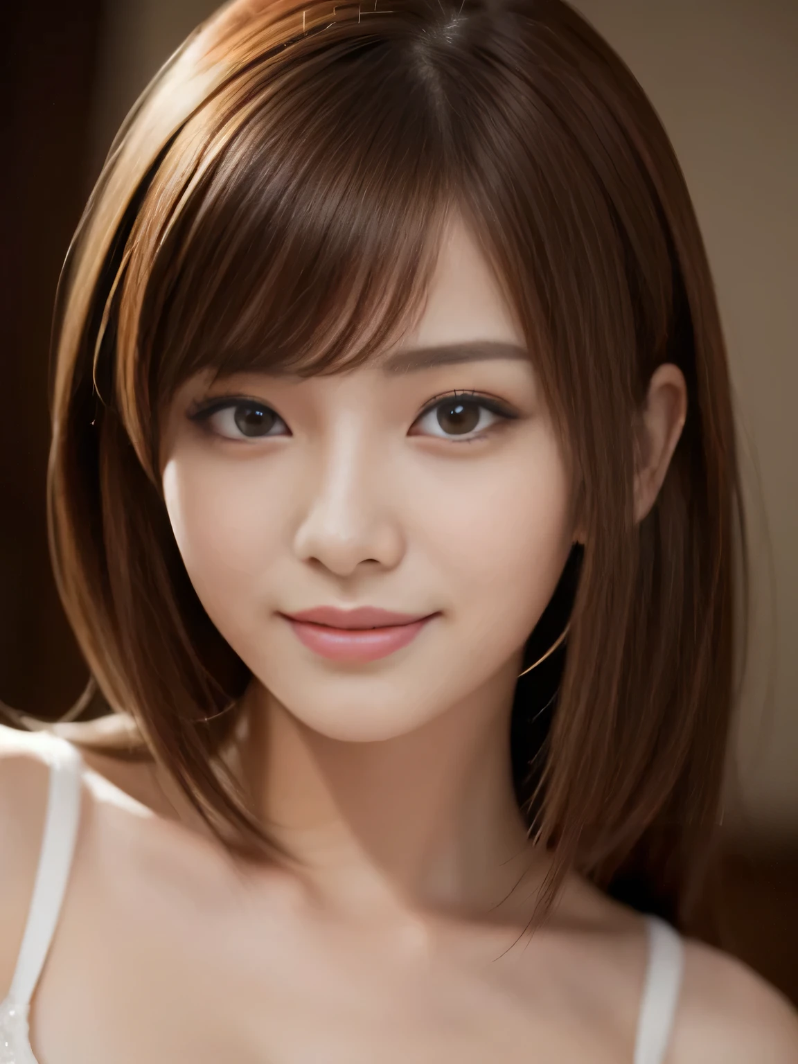 masterpiece, best quality, ultra-detailed, intricately detailed hyperdetailed, realistic, sharp features, highly detailed, sharp focus, Realistic, Photorealistic:1.3, (19 years old:1.3), perfect face, perfect symmetrically eyes, perfect full lips, hyper detailed, hyper realistic, high resolution, beautiful young Japanese woman, Slender, brown hair, Stylish, model poses, Beautiful Face, Red hair, asymmetrical bangs, (seductive smile:1.2), (looking at viewer), cinematic lighting,