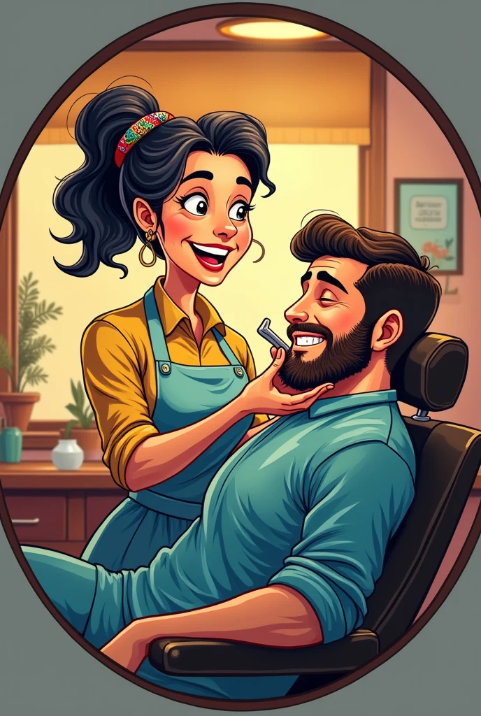 Photo for a barbershop logo with a round frame where a woman is shaving a man, both smiling animatedly