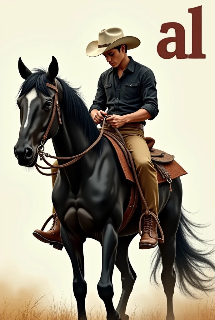 create an illustration of a 20 year old cowboy, no beard on the face, com bota country e camisa preta, with a white hat and head down, riding a black quarter horse, stark, with the letters "al" No canto superior direito. make a realistic image with a face similar to mine