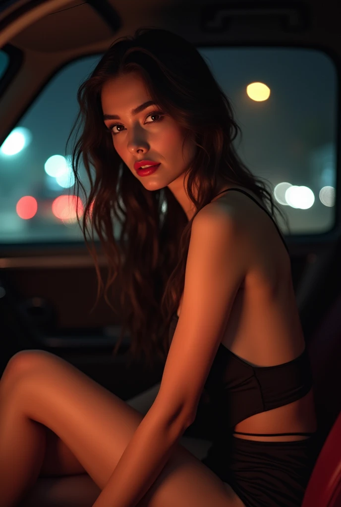 Cute eighteen year old, passenger seat of car, short dress, low cut top, brunette, red lips, young, intense stare, eye contact, nighttime, street lights, smiling, smile, young girl, thin legs, skinny, short skirt