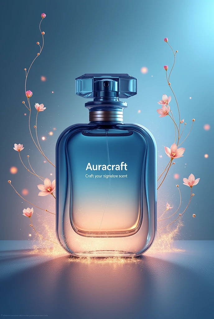 Create an illustration of an elegant perfume bottle with a modern, sleek design. The bottle should be semi-transparent with a gradient of deep blues and soft golds. Surround the bottle with a delicate, flowing aura or halo effect, The background should feature a soft gradient in complementary colors, blending smoothly to enhance the luxurious and sophisticated feel. Add subtle details like tiny sparkles and abstract floral elements around the aura for an enchanting touch. include AuraCraft brand name in perfume bottle also add subtitle as Craft your signature scent. its a logo so background should be in white. add any tiny details