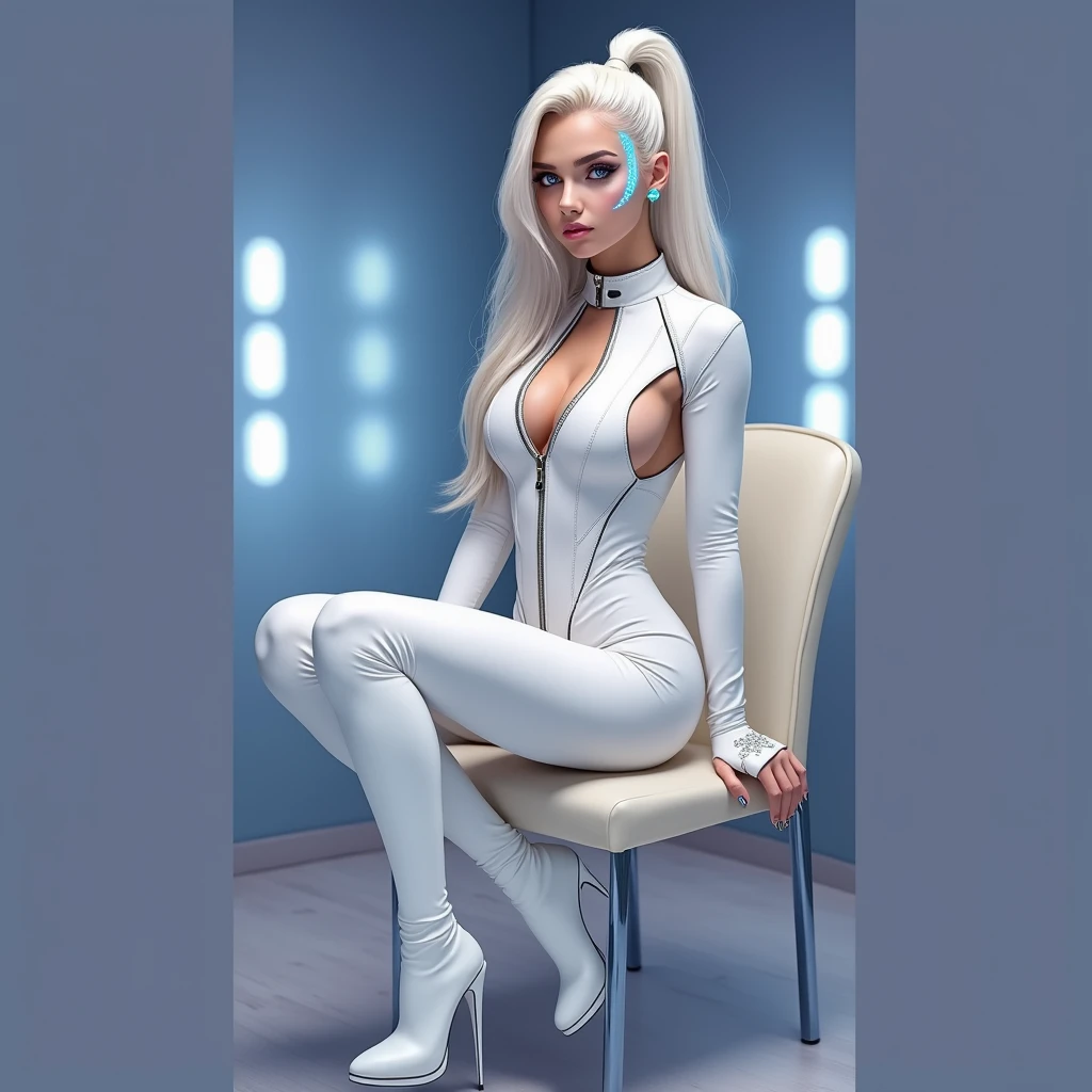 Full body a cyber girls with ponytail wear white knee high high heel platform boots. Ariana grande. stiletto heels. Bright white color to show she's a cyber girl. white eyebrows. clothing like full body catsuit. She also has blue eyes. The environment is a age girls bedroom like. Hair is white. She is lit with the bright blue color on one side of her face. Led like. Taziota style. And both hands have the led light too.