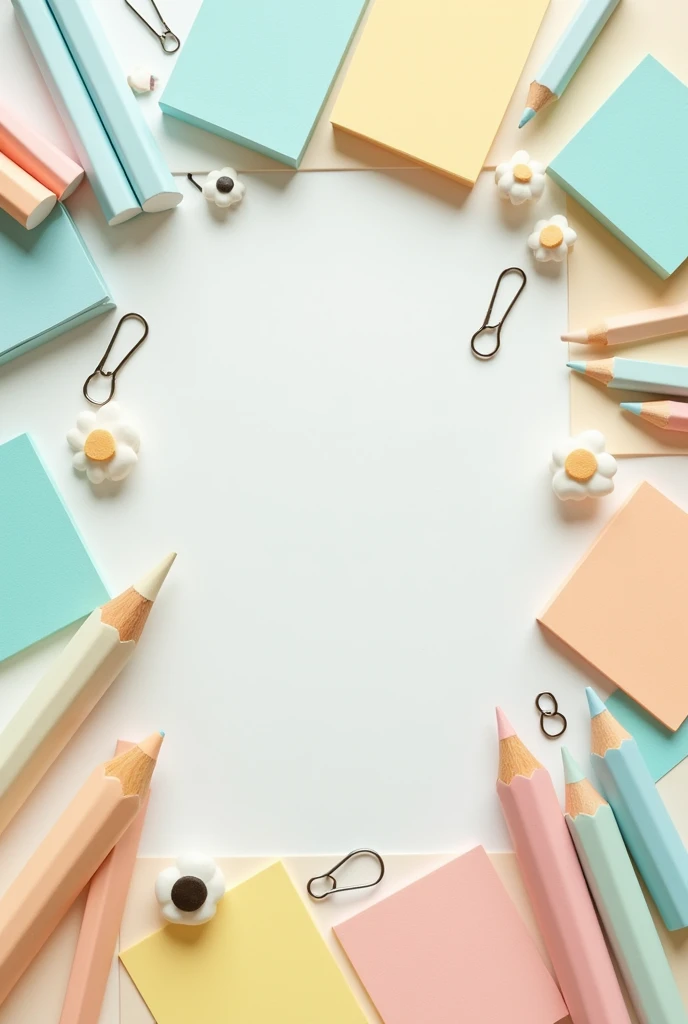 Create a pattern with pastel-colored stationery items like pencils, paper clips, and sticky notes. The colors should be soft and soothing, such as light peach, sky blue, and pale yellow. The arrangement should be neat and orderly, symbolizing the organization and care that teachers bring to their work.