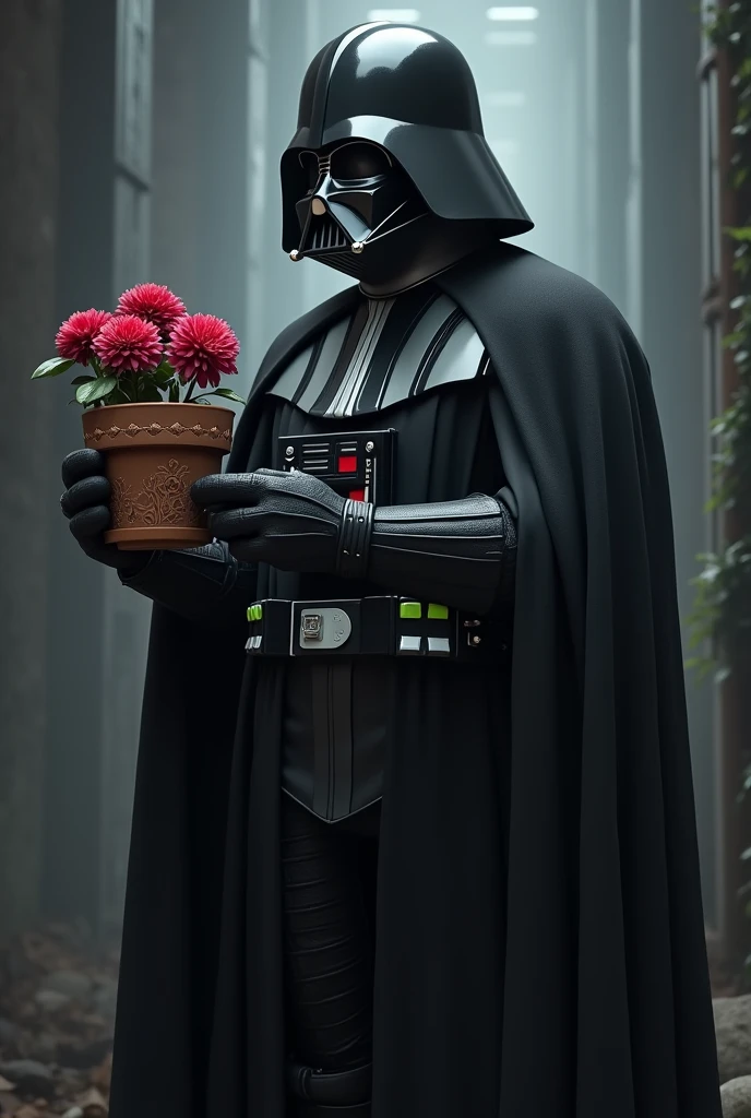 Draw Dark Vader holding a flower pot with a pea shooter