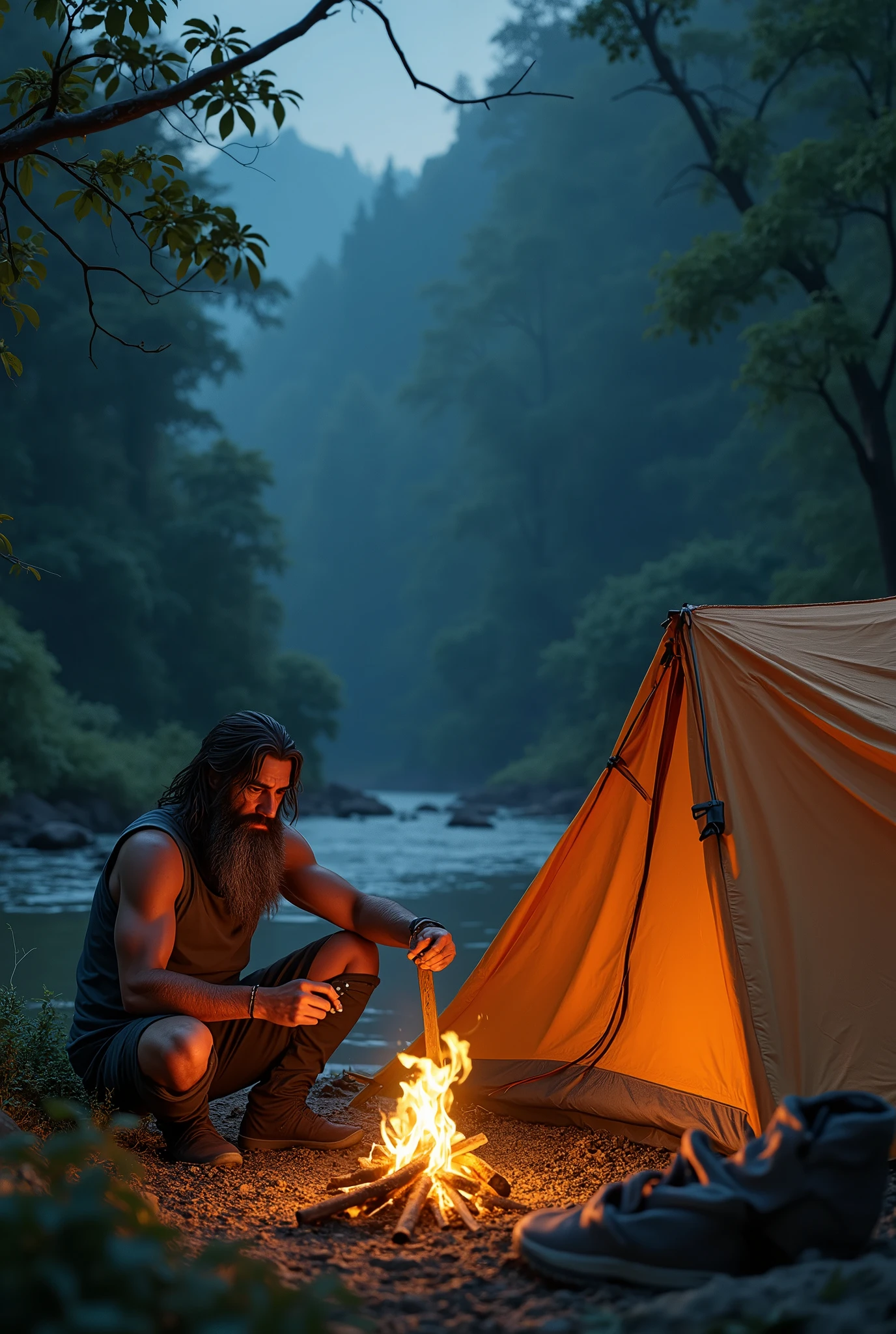 Photorealism 1.2 high detailed male long hair beard setup tent at night campfire Asian forest jungle rainforest near river