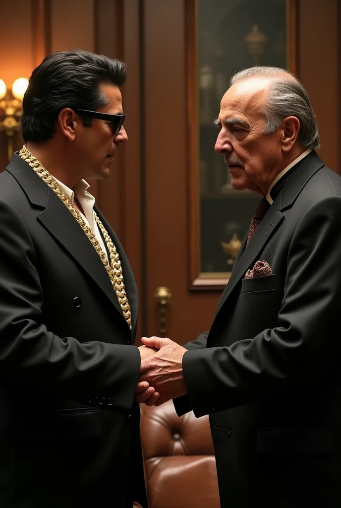 Recreate image of Tony Montana from the movie Scarface shaking hands with Vito Corleone from the movie The Godfather