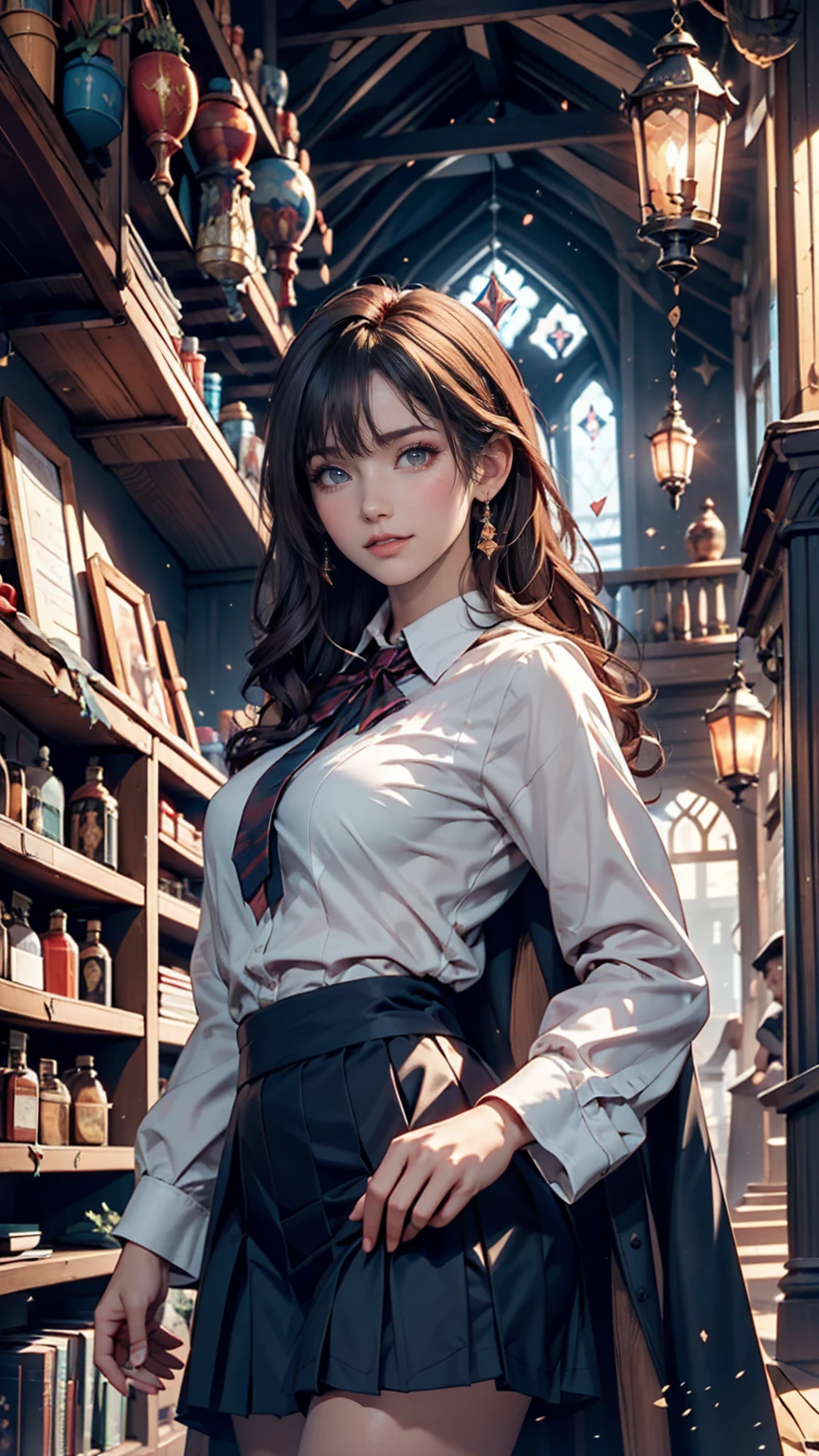 Magic shop interior in a historical setting, Front view, Harry potter, Diagon Alley, Showcase, texture, Maximum details, Pertate board, unmanned, Highest quality, masterpiece, Magic Potion, Mythical creatures、Woman in magic school uniform、Cowboy Shot、smile