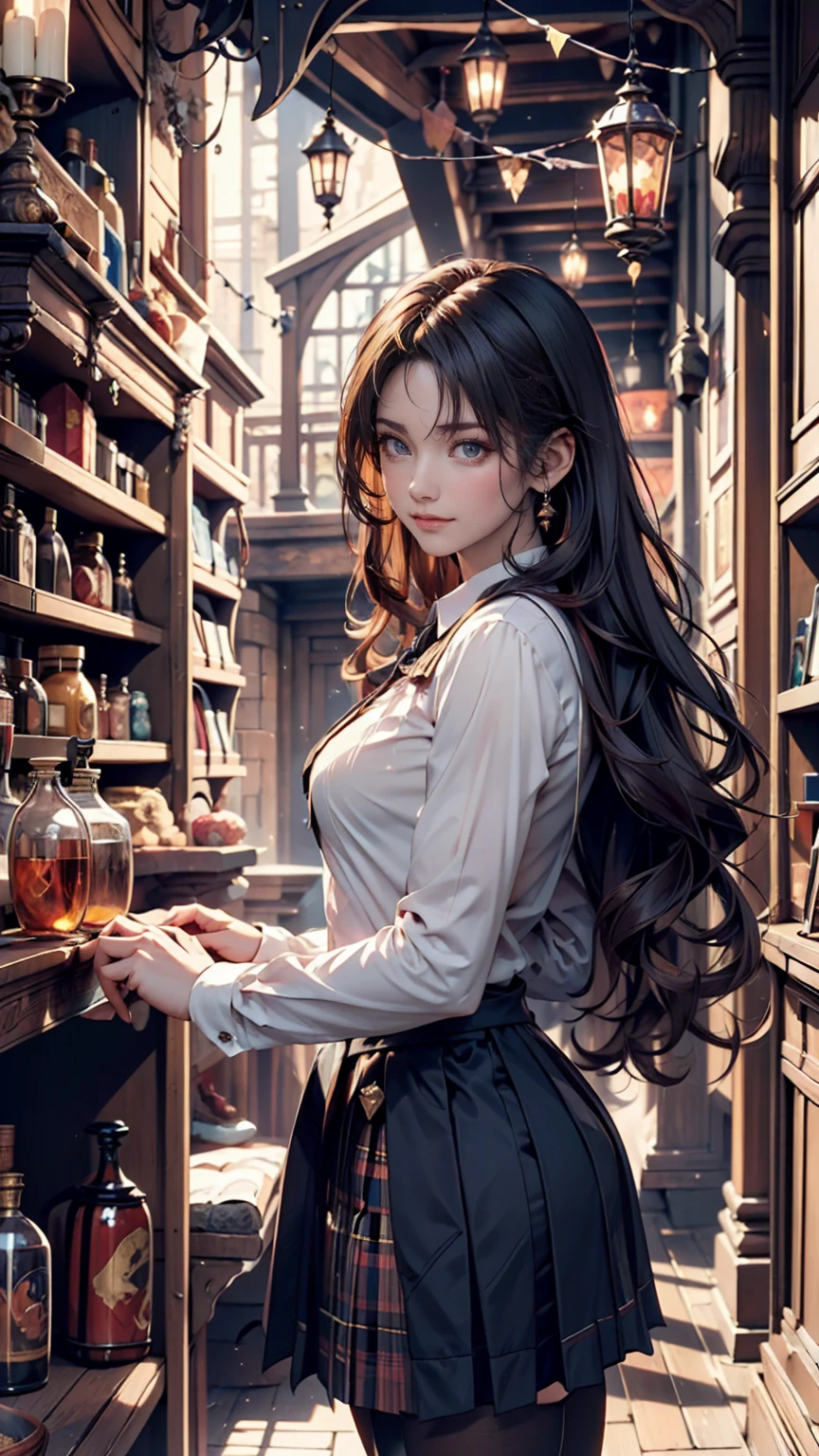 Magic shop interior in a historical setting, Front view, Harry potter, Diagon Alley, Showcase, texture, Maximum details, Pertate board, unmanned, Highest quality, masterpiece, Magic Potion, Mythical creatures、Woman in magic school uniform、Cowboy Shot、smile