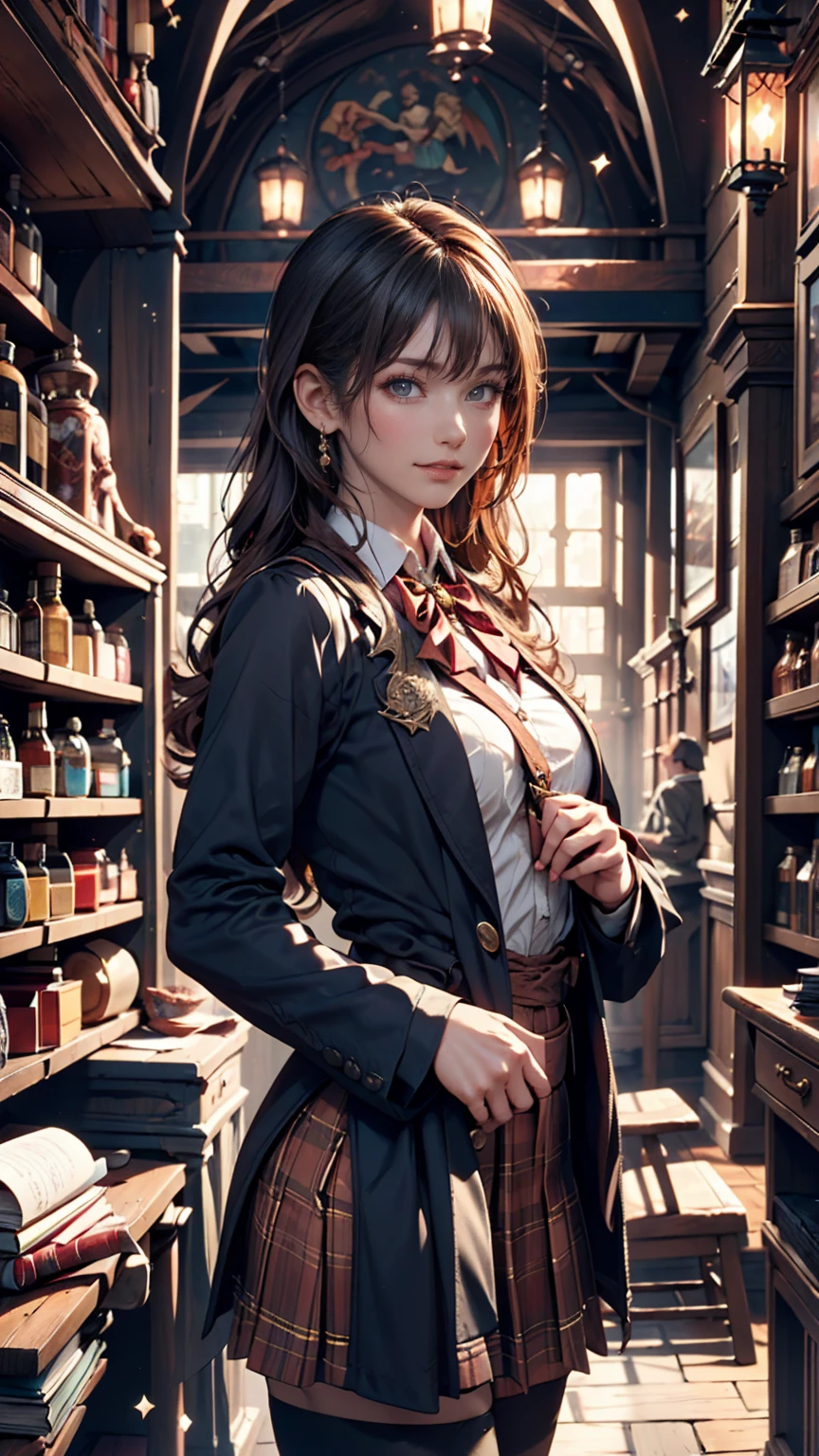 Magic shop interior in a historical setting, Front view, Harry potter, Diagon Alley, Showcase, texture, Maximum details, Pertate board, unmanned, Highest quality, masterpiece, Magic Potion, Mythical creatures、Woman in magic school uniform、Cowboy Shot、smile