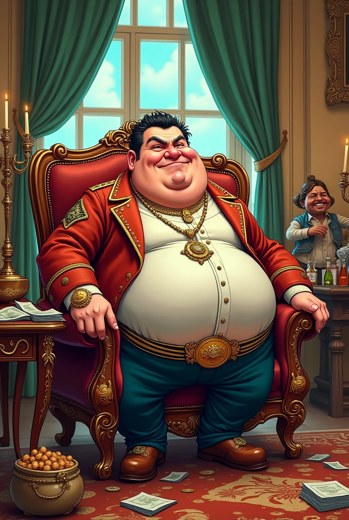 Rich man cartoon, enjoying the abundance, basically with the world at his feet, while the poor must eat or settle for their leftovers