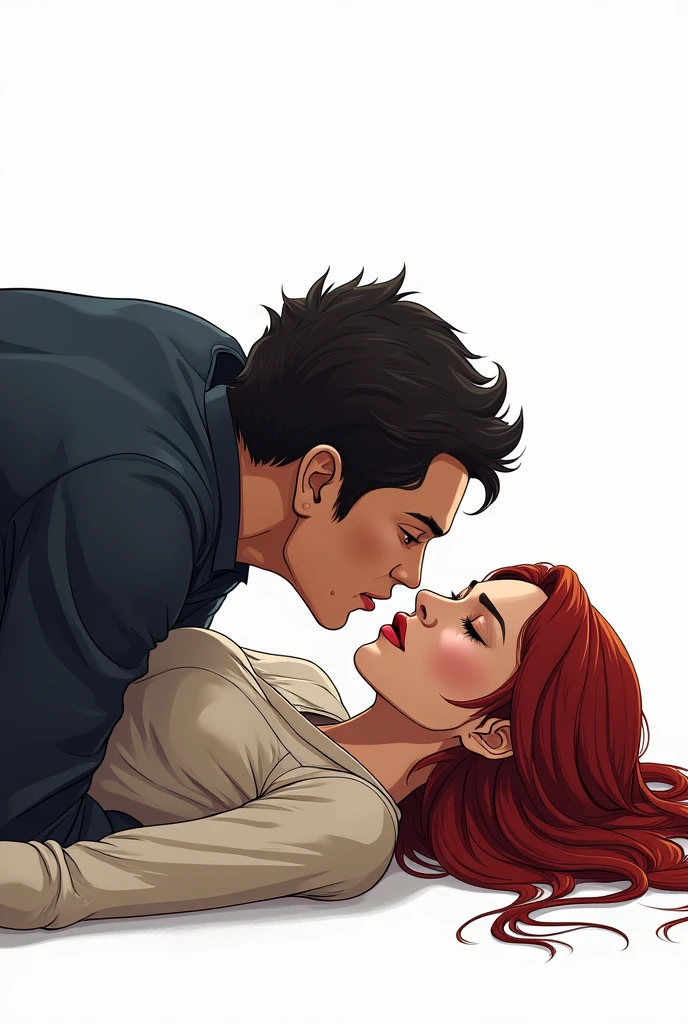 He gave Suputhipong the kiss of life, as she looks proudly ahead, with a white background behind it, with long red hair 