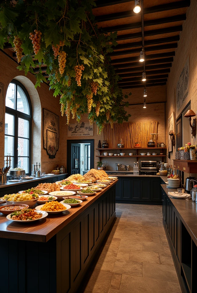 a vintage Italian type restaurant, with vines on the ceiling with some grapes hanging, on the back wall wooden sticks, attached to the back wall, a kitchen and a refrigerator, On the right side, attached to the wall, a metal table for cooking, In the middle of the room an island to display food, On the side walls it will be black and with plaster drawings alluding to Italy, without tables and without windows