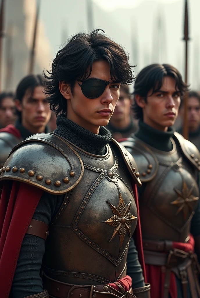 Short Italian soldiers, 27 years old, medium black hair, gray eyes, a slap
pirate eye covering his left eye, wearing robust medieval armor.