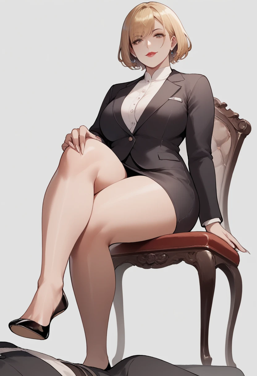 Score_9, score_8_up, score_7_up, score_6_up, source_anime, Nyantcha style, 1girl, solo, Short blonde hair, hair bangs, pale skin, short bob hairstyle, adult woman, mature woman, 50 years old, detailed eyes, milf, large breasts, wide hips, thick thighs, shapely legs, entire body showing, long fingernails, black blazer, white button up underneath, very long black pencil skirt, knee-length pencil skirt, ballerina flats shoes, black footwear, flats shoes, sitting on a chair,pressing her foot on a man’s bulge, foot femdom