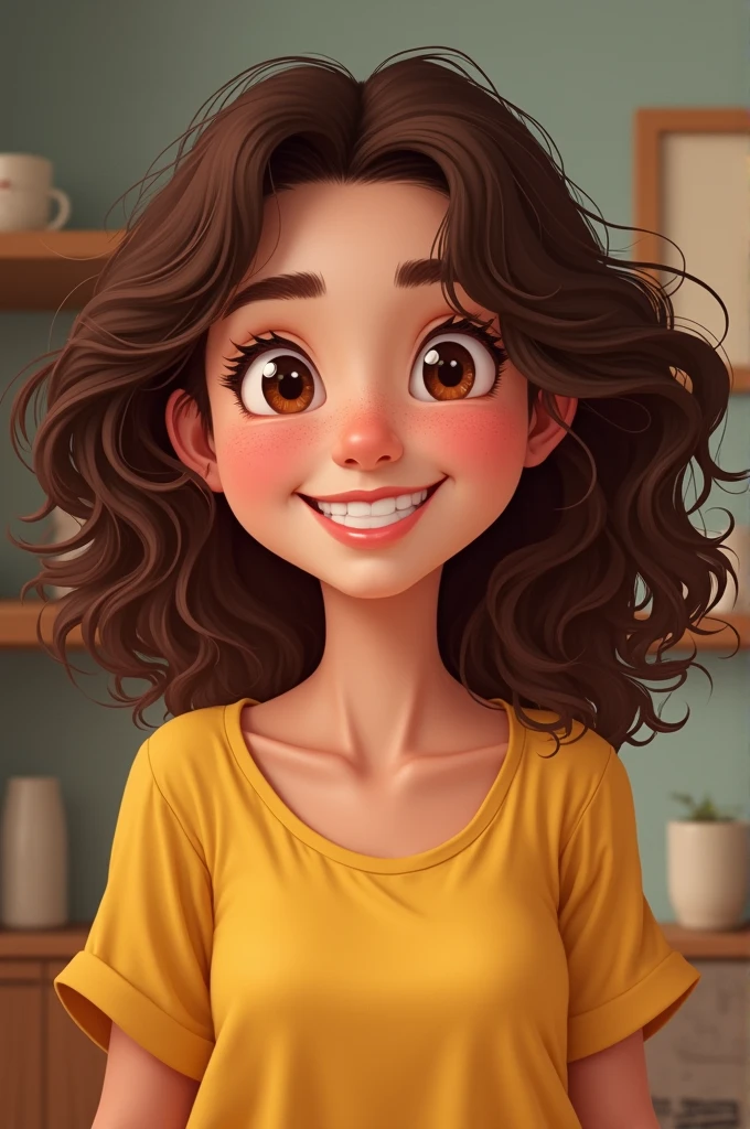 A chubby 24 year old woman ,with brown eyes, curly brown hair and rosy cheeks