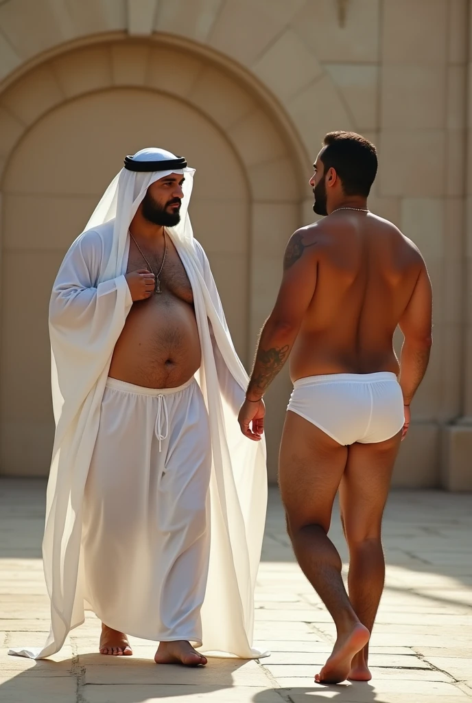 an arabic fat man wearing a white semi transparent galabya as you can see the white boxers thorugh it and his erected penis. and he is touching his penis while looking at another fat hairy egyptian guy walking with white boxers and his butt is beautiful