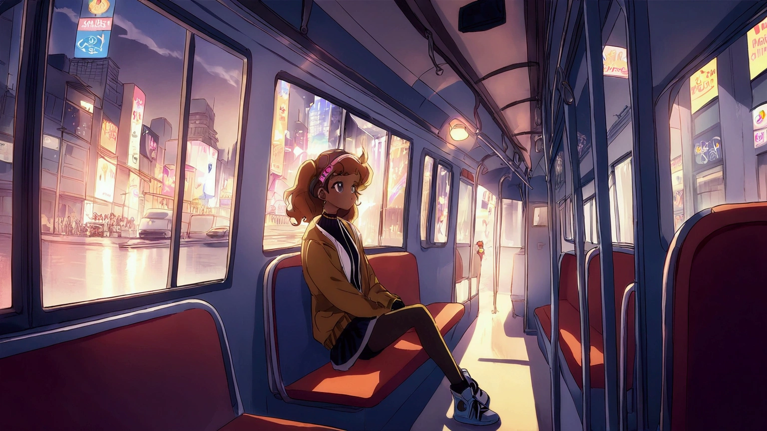 An anime where a person is sitting on a bus and looking out the window at the city, Anime illustration by Yuumei, CG society hot topic, Digital Art, praise hip hop, praise girl, praise artstyle, praise art, praise feel, Chill Hop, praise vibes, praise aesthetic, praise, praise girl aesthetic, Anime Aesthetics