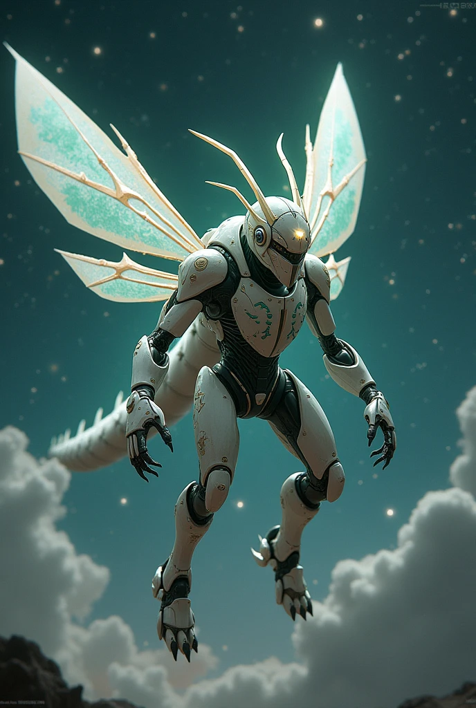 Starry Sky, in flight, BLAKE, 1 robot, aura machine, aura battler Dunbine, humanoid cyborg dragon, 2 meters tall, bioroid, cyborg with beetle and dragon characteristics, face shield with oriental dragon and beetle motifs, two insect compound eyes, beetle Shiny armor panels that closely resemble the outer shell of a dragon, a beautiful white armor color and green polarization, a plant-like muscular internal frame, elytra on its back, four dragon wings and thrusters stored inside the elytra, Insect wing veins on dragon wing skeleton,